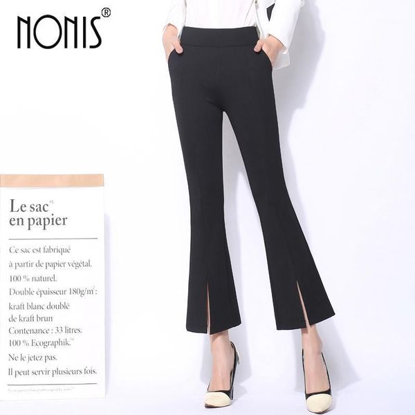 

nonis new spring women fashion flared pants side slit split calf length elastic waist fabric solid female pants size 20201, Black;white