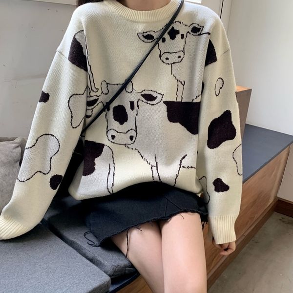 

vintage casual loose lazy cow sweater female korean harajuku women's sweaters japanese kawaii cute ulzzang clothing for women y200720, White;black