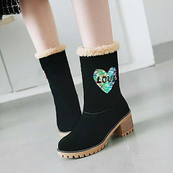 

autumn and winter 2020 plush 35-43 yards high heel snow boots round head square heel cotton boots shoes women, Black