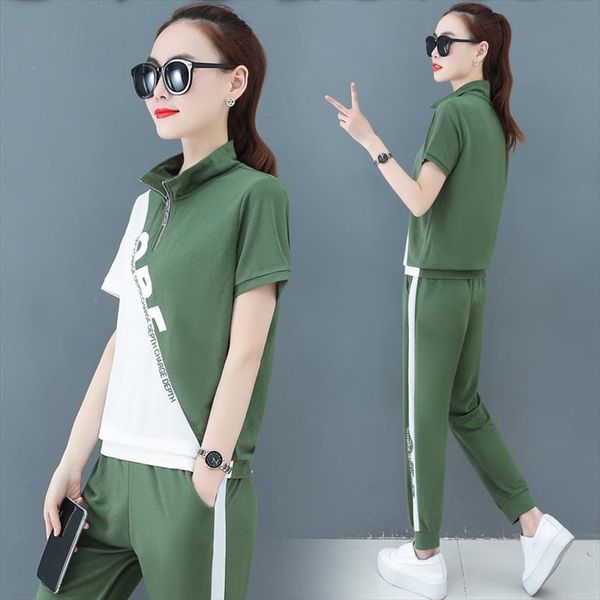 

tracksuits women set summer 2 suit womens fashion 2020 new style stand collar short sleeve color contrast leisure two piece set, Gray
