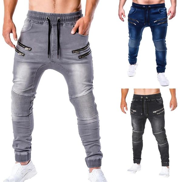 

men's jeans 2021 pants casual men zipper drawstring pockets running skinny jogger trousers, Blue