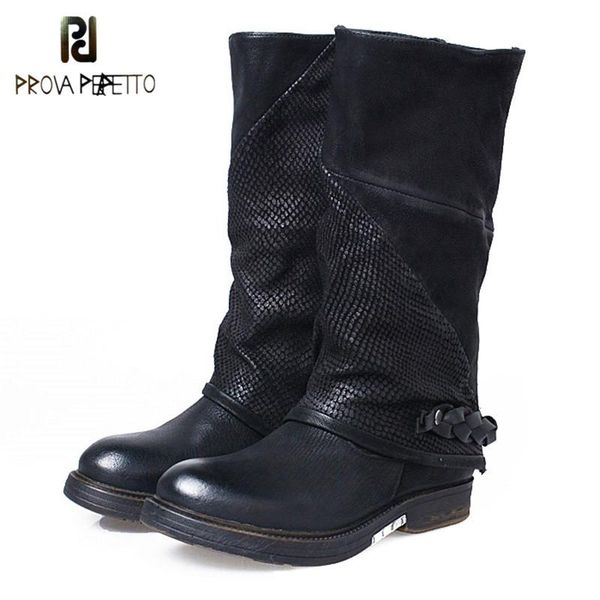 

prova perfetto new style women genuine leather belt buckle patchwork knight boots round toe thickness bottom woman flat boots, Black
