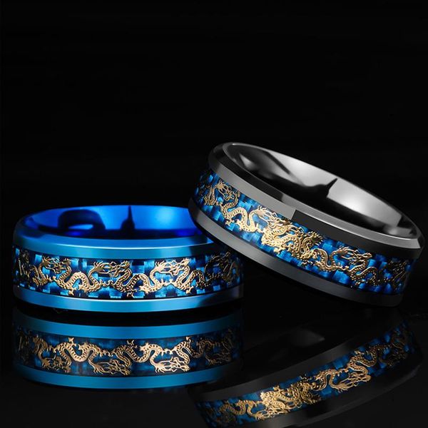 

cluster rings vintage chinese blue dragon 8mm black animal ring for men women stainless steel luxury beautiful big party fashion snake, Golden;silver