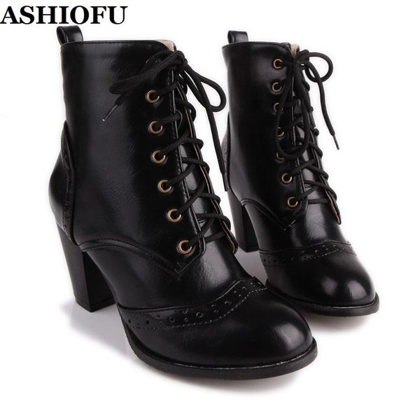 

ashiofu handmade 2020 new ladies block heels boots shoelace meiniya-style party ankle booties large size winter evening boots, Black