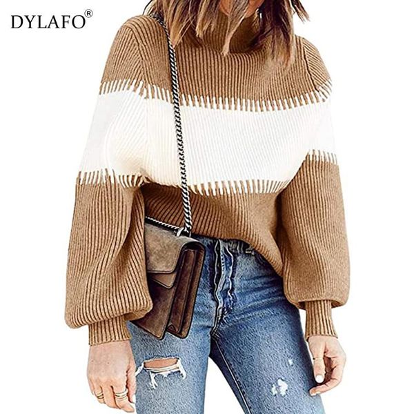 

casual striped patchwork turtleneck sweater women autumn winter long sleeve contrast female knitted pullover loose sweater, White;black