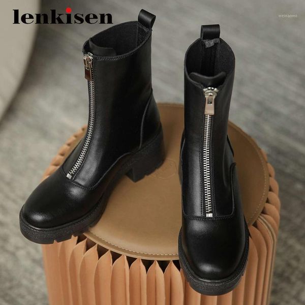 

lenkisen 2020 winter new boots genuine leather platform thick high heel round toe zipper elegant lady daily wear ankle boots l701, Black