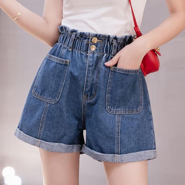 

straight jeans short fashion elastic high waist blue denim solid casual pockets shorts plus size 5xl, White;black
