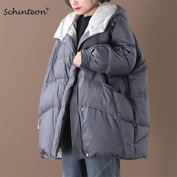 Mulheres Schinteon sobre tamanho para baixo jaqueta inverno quente neve solta outwear estilo coreano casaco com capuz vinatge 201102