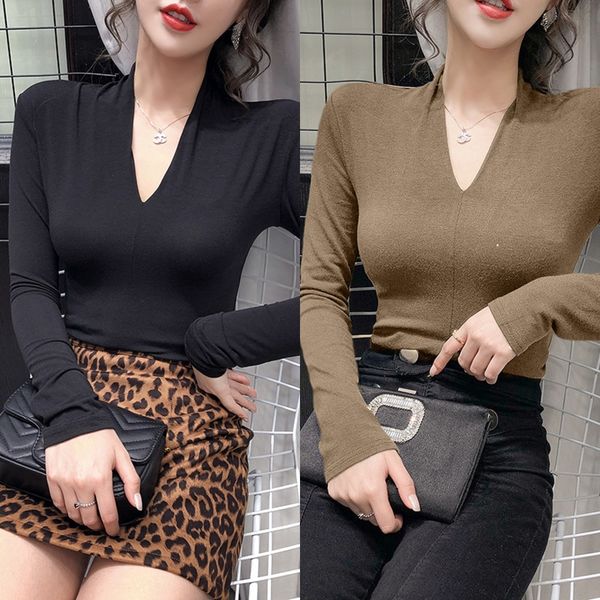 

zbpcg полного v-вырез 2020 модных женская одежда иностранного стиль чистые красный для длинного рукава ttop shirtt-рубашка bottomed женской, White