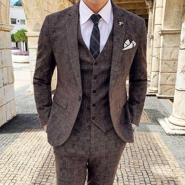 

2020 new arrival suit men three-piece suit korean version british slim check wedding casual business men1, White;black