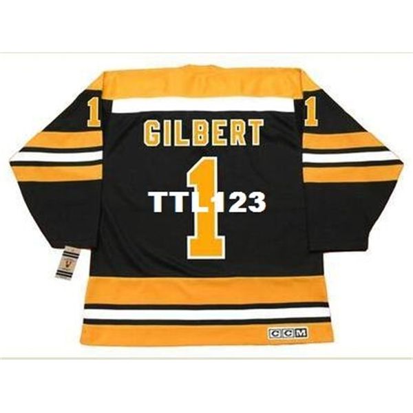 

mens #1 gilles gilbert boston bruins 1974 ccm vintage retro away hockey jersey or custom any name or number retro jersey, Black