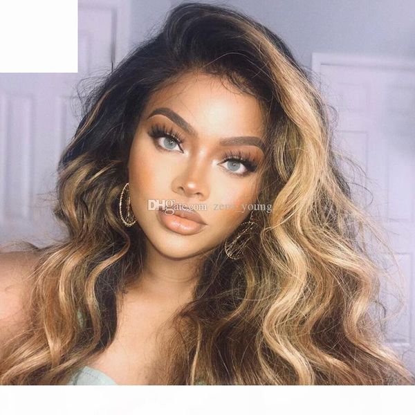 

honey blonde lace front wig glueless lace wigs human hair ombre wig black roots 1b 27 body wave brazilian virgin hair, Black;brown