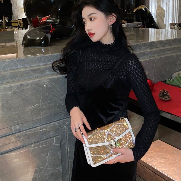 

2021 new leather snakehead bag single shoulder chain cow leather full diamond cross small square bag fashion versatile water drill bag c0117