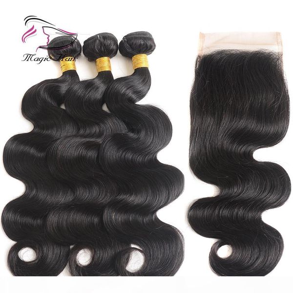 

evermagic natural color 3pieces связки с 1piece 8-22inches закрытие выдвижения бразильский волос плетение объемная волна человеческих волос, Black