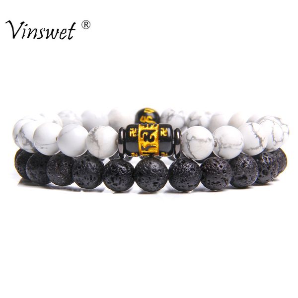 

2pcs beaded bracelets six words natural stone men charm 8mm black and white beads for jewelry gift