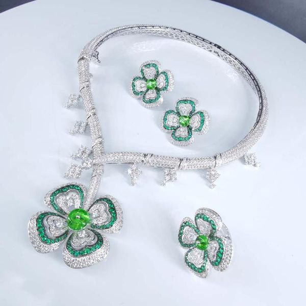

new fashion luxury romantic green flower necklace earring ring set wedding bride banquet formal dress jewelry set ing, Silver