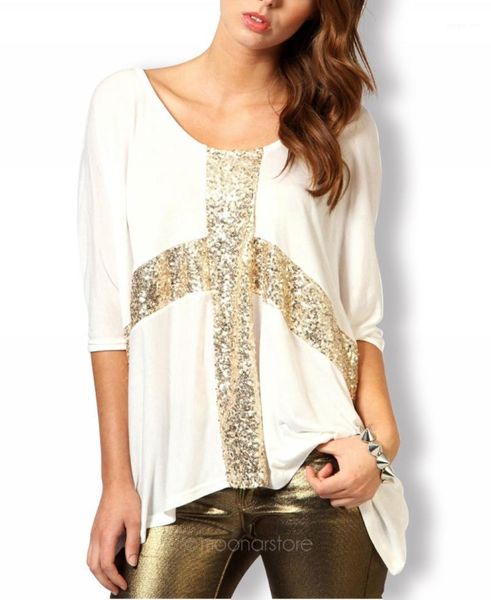 

wholesale-2015 women casual cross sequined t shirt blusas short bat sleeve stretch summer plus size t-shirt tees women1, White