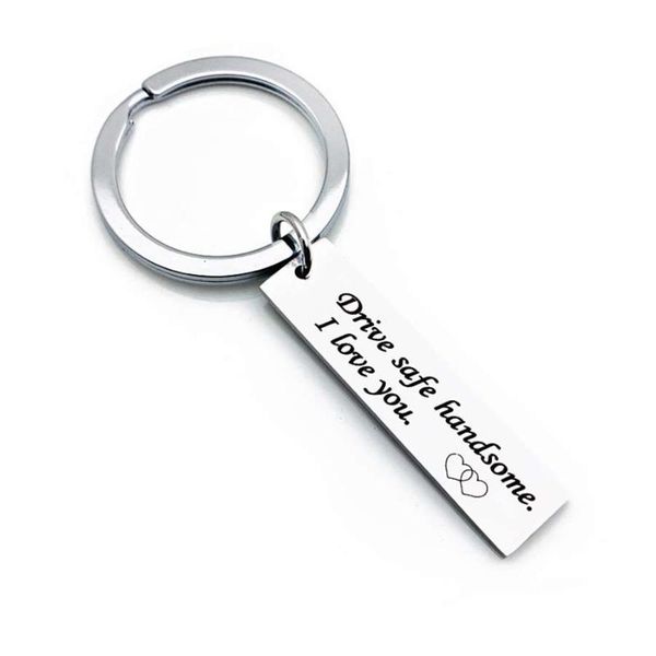 

hobborn trendy titanium key chains men women engraved drive safe handsome i love you letter keyring boyfriend couple jewelry, Silver