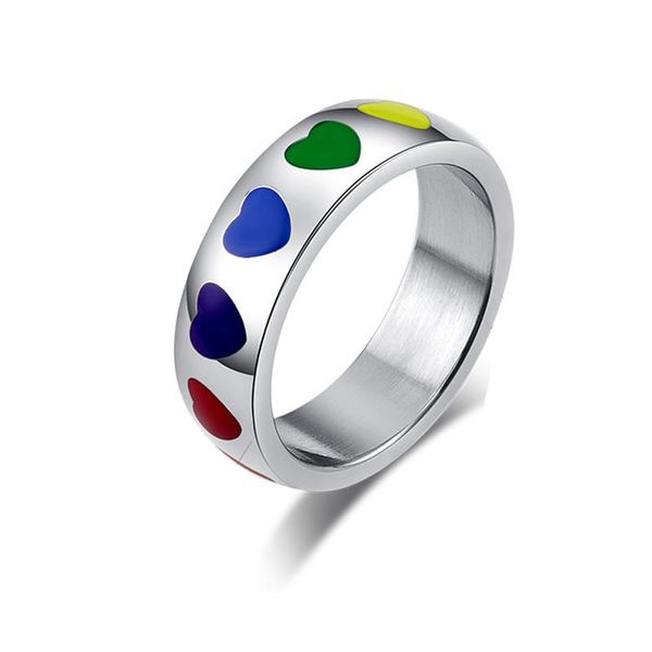 

wedding rings fashion rainbow ring drop glue color enamel love heart titanium steel couple for women jewelry full size jz072, Slivery;golden