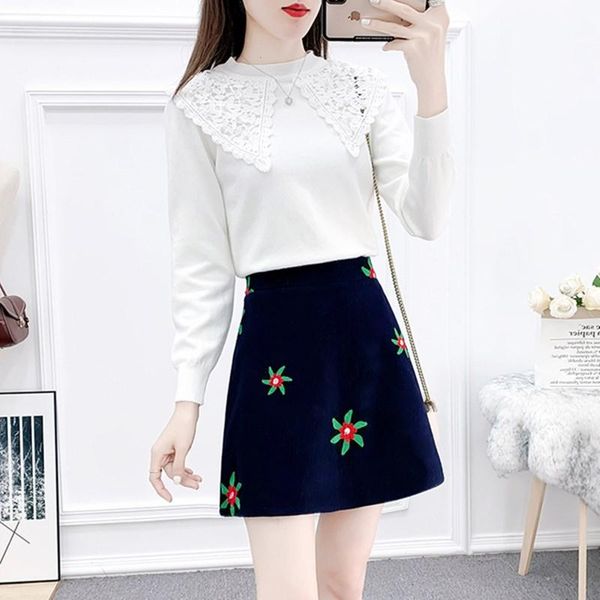 

sweet casual sweater 2 piece set 2020 autumn winter new fashion lace splicing knit sweater and blue embroidered skirts suit, Gray
