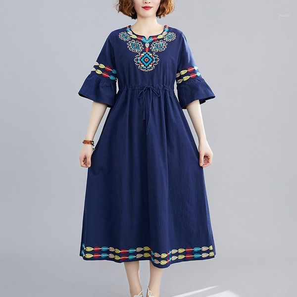 

2020 new summer vintage women dress plus size embroidered cotton linen short sleeves v-neck casual loose robe long dresses1, Black;gray