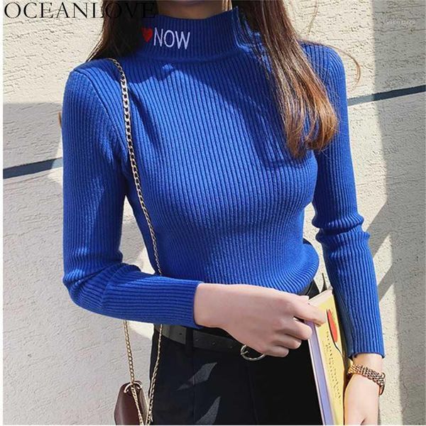 

oceanlove sweater embroidery letters women sueter mujer half turtleneck long sleeve pullovers autumn 2019 sweaters 124771, White;black