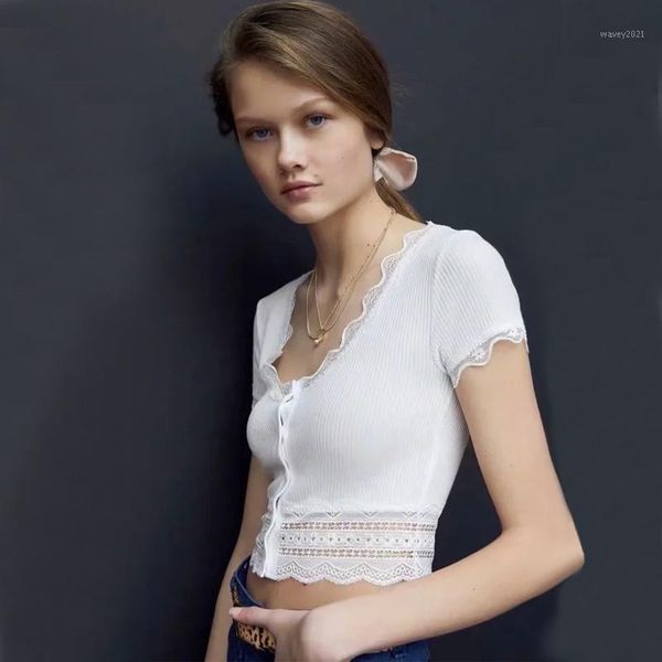 

women's knits & tees women short sleeved rib crop cardigan with lace details1, White