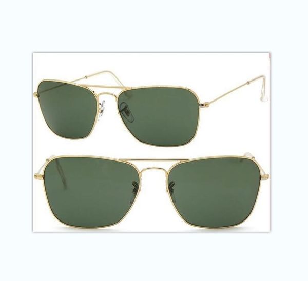 Высококачественные мужские спортивные прямоугольные солнцезащитные очки Woemsn Золотые металлические солнцезащитные очки Зеленые стеклянные линзы 58 мм Защита от ультрафиолетовых лучей Поставляются с коробкой