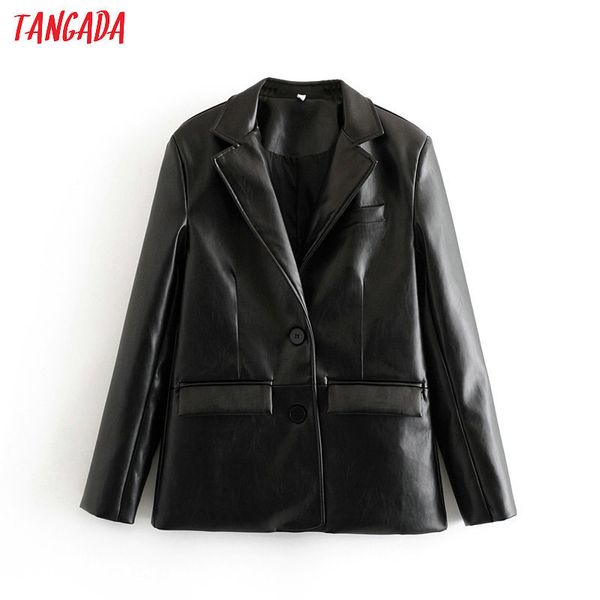 

tangada women vintage black faux leather blazer female long sleeve jacket ladies high street casual blazer suits 6a105 201102, White;black