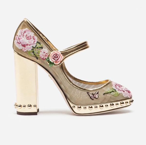 

mesh embroider floral women pumps brand design round toe women wedding dress shoes runway rivet .5cm square heel mary janes1, Black