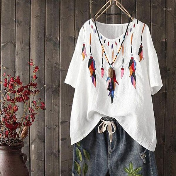 

women cotton blends feathers pattern loose round neck 3/4 sleeve baggy blouse1, White