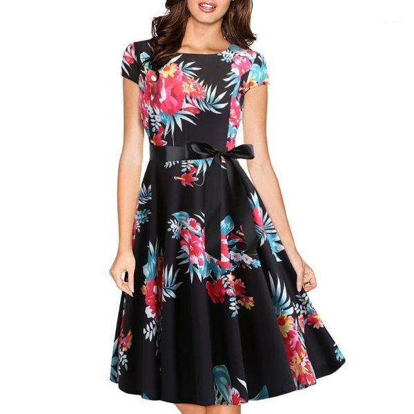 

suit-dress round neck sleeve printing dress black silk waist1, Black;gray
