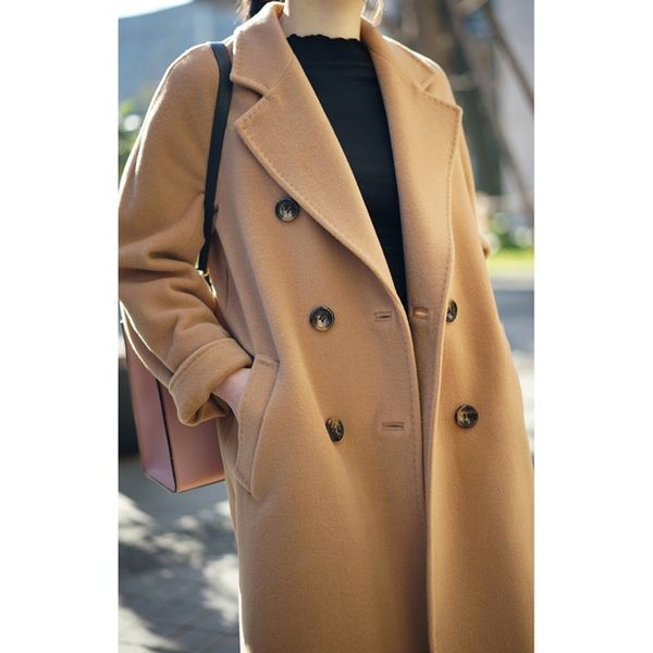 

winter elegant wool blend women korean fashion white long coats vintage woolen overcoat camel oversize outwear 201031, Black