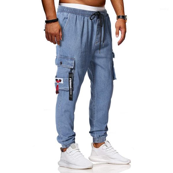 

men's jeans denim overalls denim blue multi-pocket casual pants1, Black