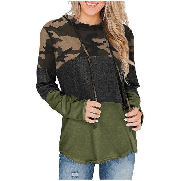 

oversize camouflage print hoodie sweatshirt womens patchwork drawstring hooded mantle ladies sweat shirt blouse toos pullover, Black