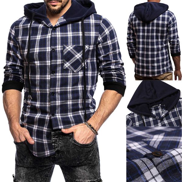 

men's autumn new hooded long sleeve plaid casual loose large size shirt, White;black