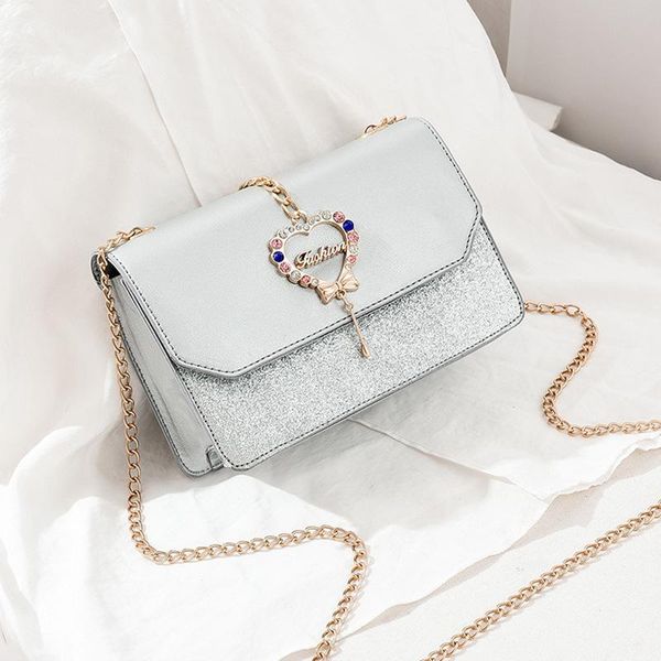 

2020 новое прибытие женщин сумка crossbody сумки для женщин сердце пряжка сумки блеск блестки цепи плеча мешок pu кожаные сумки bbythp