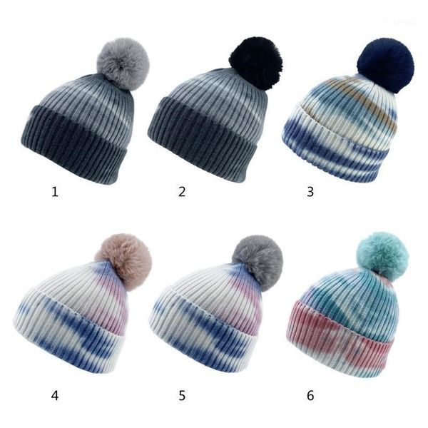 

winter ribbed knit beanie hat with detachable fluffy pom pom gradient tie-dye printed cuffed skull cap ear warmer1
