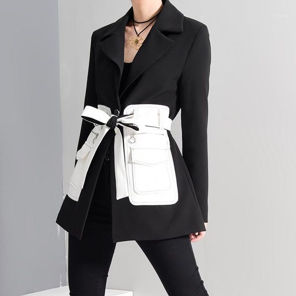 

women coat black contrast color pocket blazer new lapel long sleeve loose fit jacket fashion tide elegant for spring autumn1, White;black