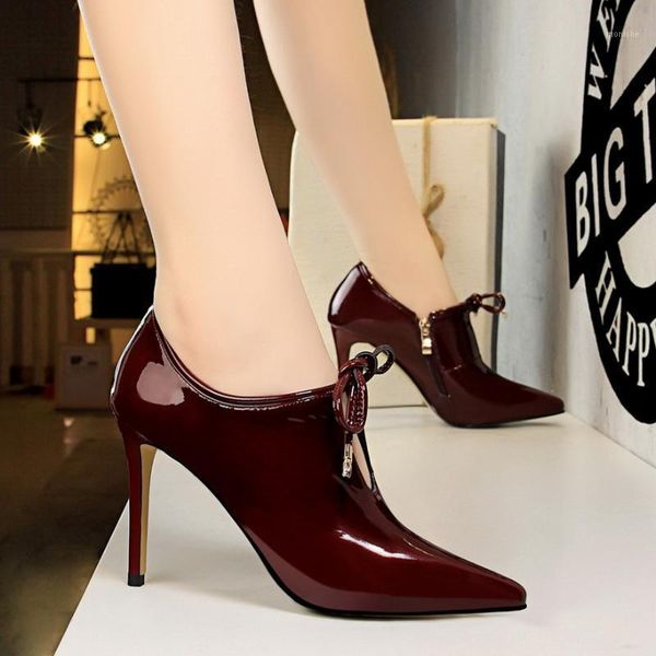 

boots ankle for women pumps winter zapatos de mujer snow high heel lacquer nightclub pointed toe1, Black