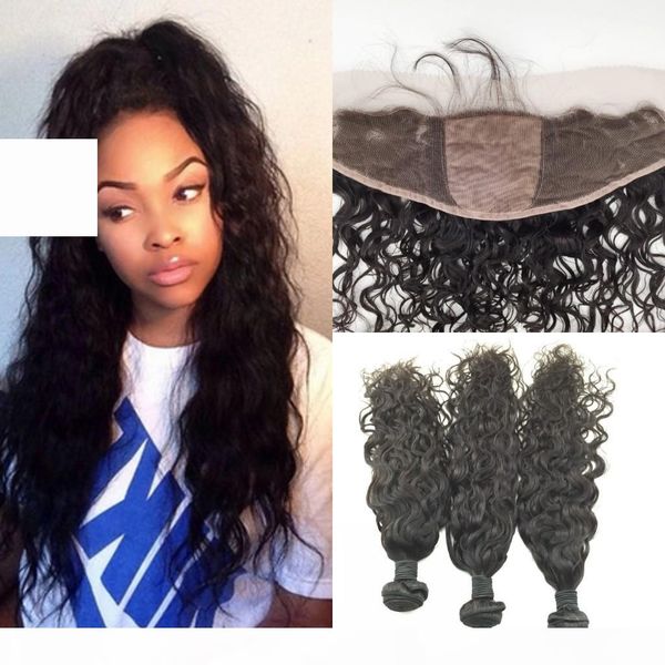 

brazilian virgin hair with silk base frontal closure 4pcs lot vrigin brazilian water wave 3 bundles with silk lace frontal 13x4, Black