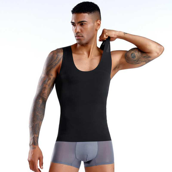 

gym clothing men's body shaping breathable comfortable strong pressure seamless glue abdomen straight back tights1, White;black