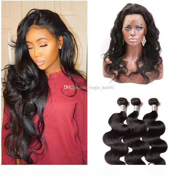 

pre plucked 360 lace frontal closure with bundles brazilian virgin human hair body wave 360 lace frontal 130% density with baby hair, Black;brown