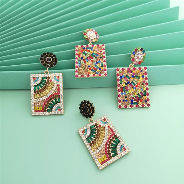 

bohemia style women pendant earrings retro colorful diamond lady pendant studs holiday personality charm girl earring jewelry, Golden