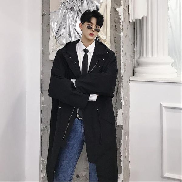 

2019 new autumn designer models long section hooded trench coat windbreaker trend men's loose bat sleeve hooded jacket cloak1, Tan;black