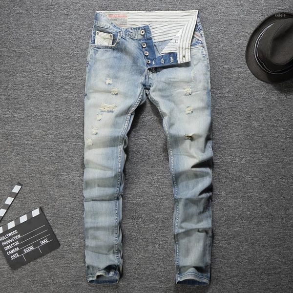 

summer fashion men jeans newly designer light blue color slim fit ripped jeans for men streetwear skinny fit hip hop homme1