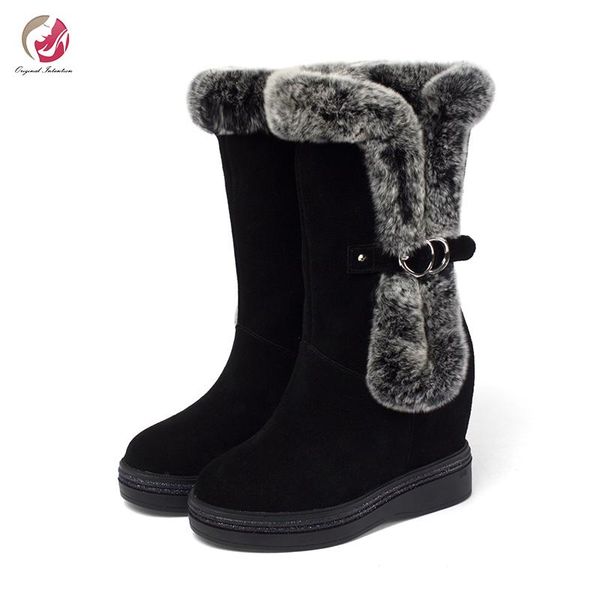 

original intention stylish winter warm snow boots woman real fur round toe high wedges high platform quality winter shoes, Black