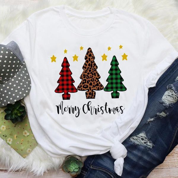 

women leopard plaid tree star winter season holiday merry christmas print lady female graphic tees clothes t shirt t-shirt, White