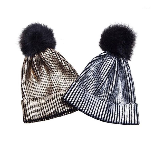 

beanie/skull caps winter warm knitting hats bronzing gold and silver female fashion skullies beanies with pompon hat for women cap1, Blue;gray