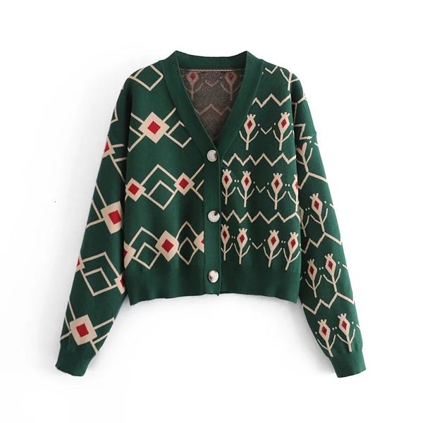 

new green argyle knitted woman winter 2021 vintage cropped button-down cardigan women long sleeve v neck sweater 6q09, White;black